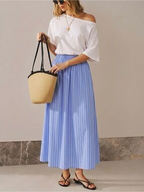 Commense Blue White Off Shoulder Stripe Midi Dress Cotton Coastal Grandmother L